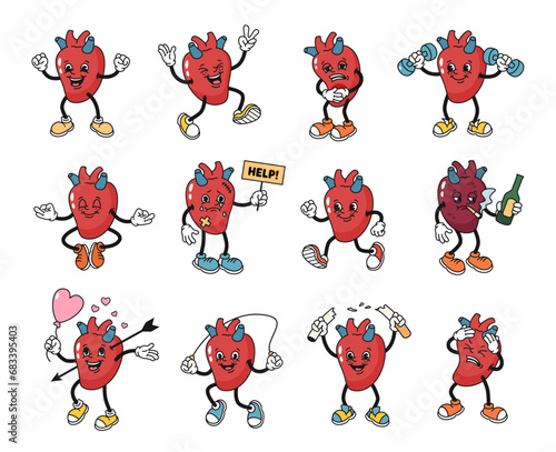 Cartoon human heart mascot. Damaged and discomfort heart character, healthy habits and happy hearts characters in 1930s rubber hose style vector illustration set