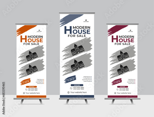 Corporate real estate roll up banner or pull up banner design template premium vector. Home for sale real estate roll up banner design.
home for sale real estate roll up banner, pull up banner templat