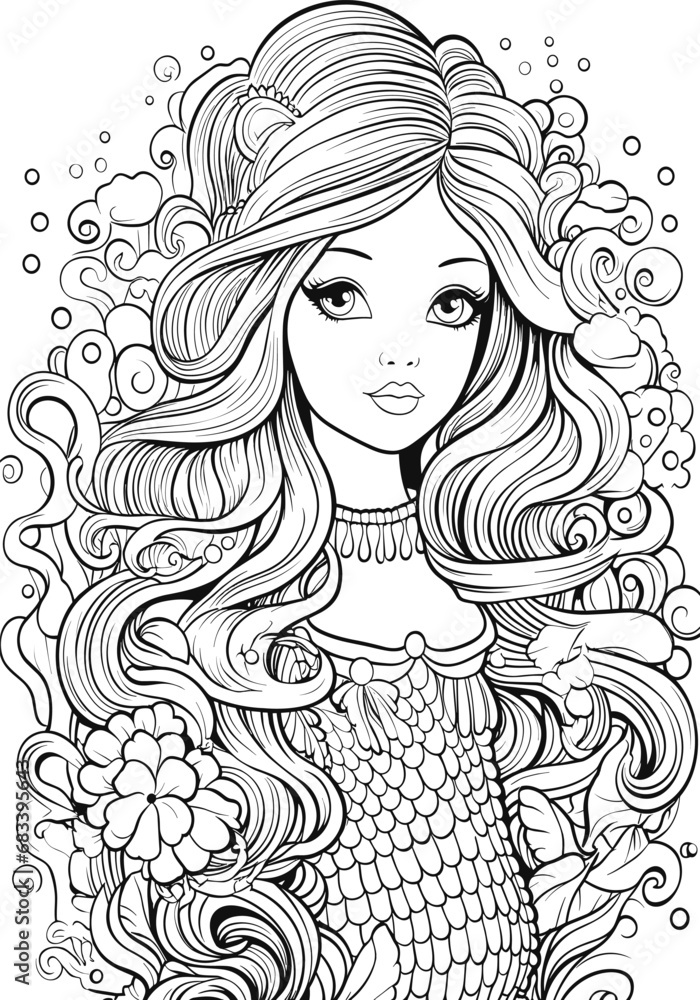 mermaid coloring illustration on a white background mermaid coloring illustration on a white background