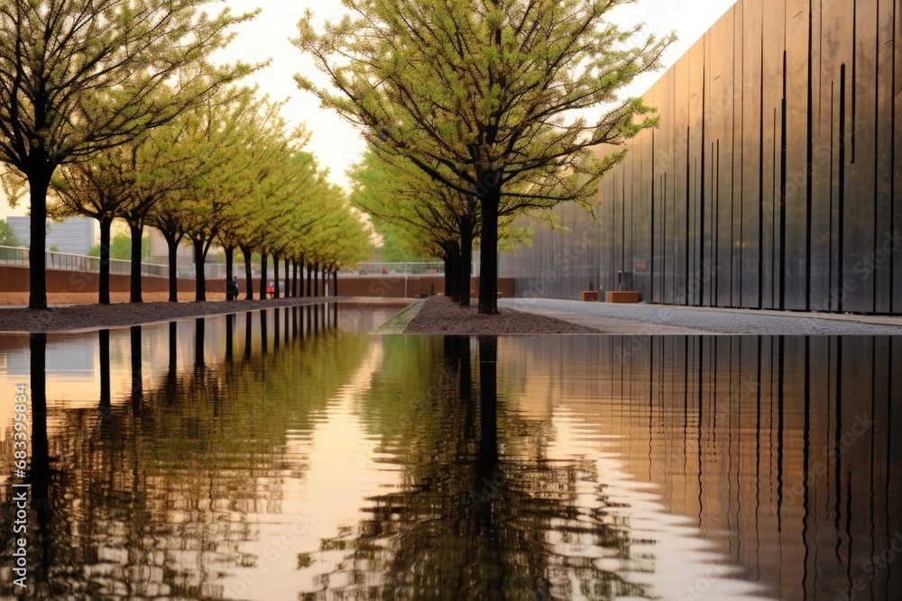 Remembering the Oklahoma City Bombing: Tall Oak Trees Standing Tall in Memorial Reflecting Pool - obrazy, fototapety, plakaty 