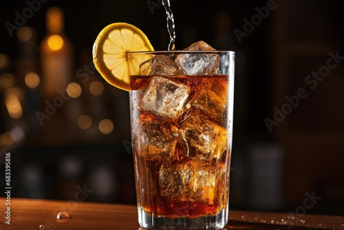 Refreshing Softdrinks in a Glass. Pouring Lemonade at a Bar or Eatery photo