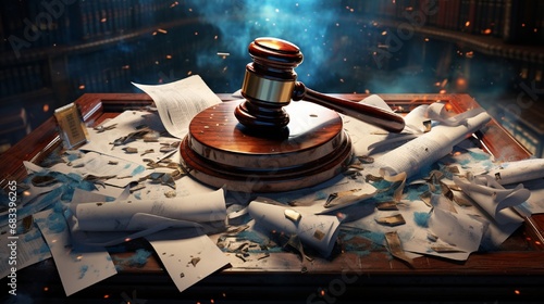 The gavel being placed on a stack of legal documents, signifying the beginning of a court session, with pens and papers strewn around, portraying the organized chaos of legal proceedings. photo