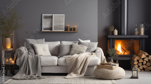 Corner, sofa near fireplace. Scandinavian home interior design of modern living room