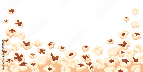 Popcorn background. Flying popping corn, movie fast food horizontal border and cinema snacks frame vector illustration