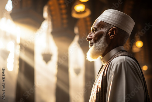 Muslim priest, also known as an Imam, standing in prayer within the beautiful confines of a mosque