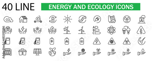 a set of 40 energy and environmental linear icons, including linear icons on the theme of electricity