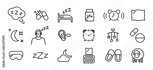 Set of vector icons sleep and insomnia line itsons design. Outline sleep symbols for website on white background eps10
