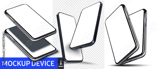 High-Resolution Smartphone Mockups Showing Various Angles for Technology and Communication Design. Cellphone frame with blank display isolated templates, phone different angles views. 3D isometric. photo