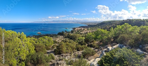 Fototapeta Naklejka Na Ścianę i Meble -  Panoramic aerial view of the Akamas peninsula coast from the top of the mountain, Cyprus