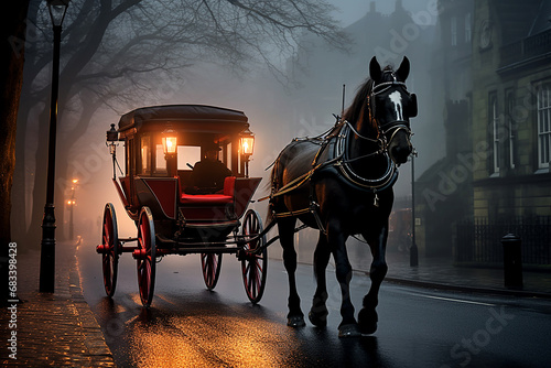 Retro style horse carriage on a foggy city street photo