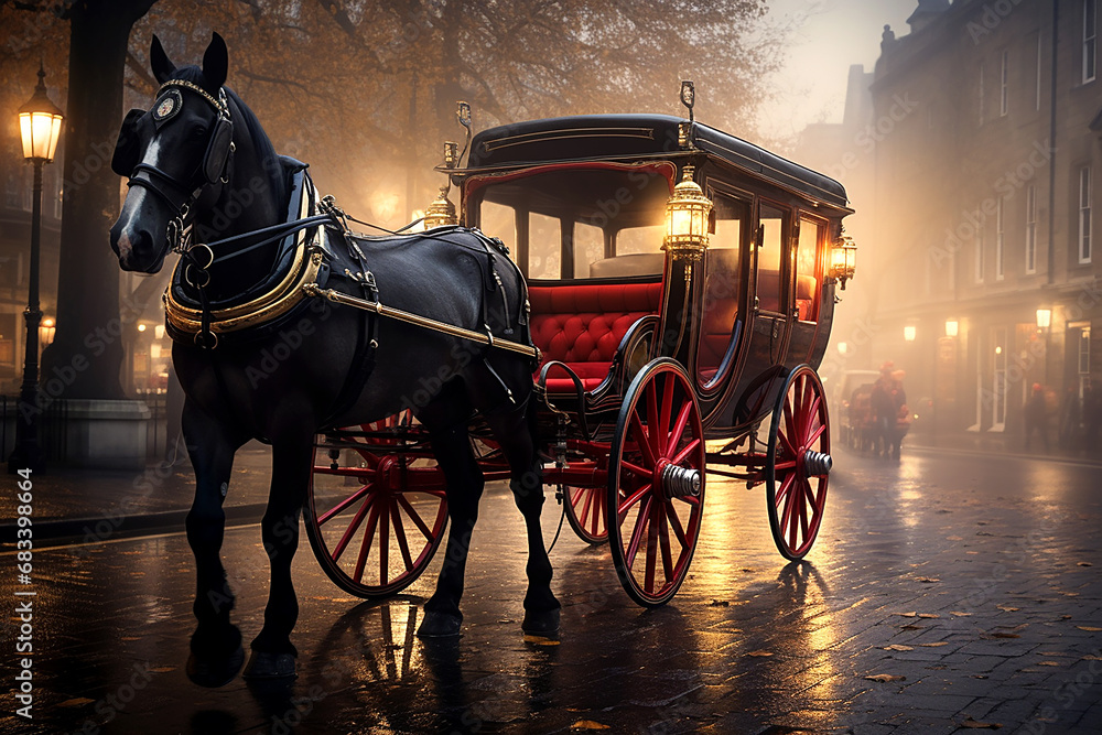 Retro style horse carriage on a defocused street of foggy town - obrazy, fototapety, plakaty 