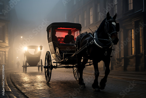 Retro style horse carriage on a defocused street of foggy town photo