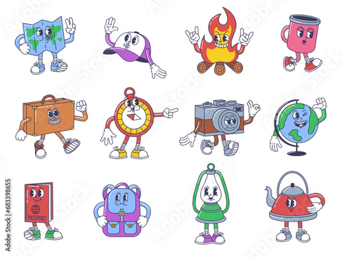 Cartoon travel accessories. Adventure mascot and globe, happy map, cap and mug. Rock on campfire, smiling suitcase and backpack