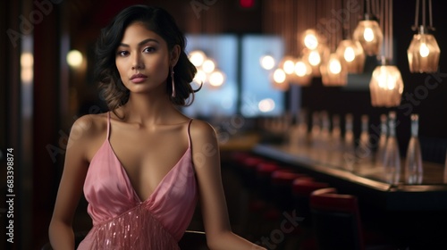An Asian model exuding elegance in a sophisticated pink cocktail dress  complemented by dramatic tassel earrings  set against the backdrop of a chic  upscale bar lounge.