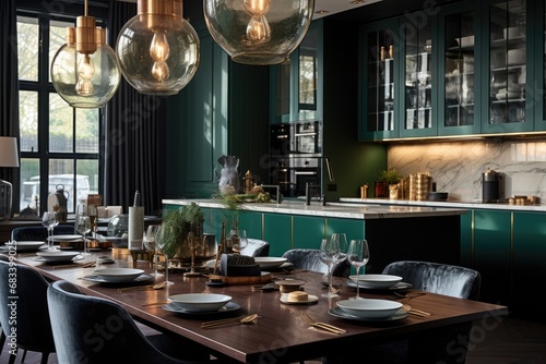 Chic London townhouse, contemporary style, emerald green accents, generated with AI