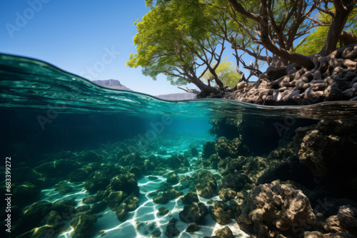 Caribbean mangroves  roots embraced by sea sponges generative ai