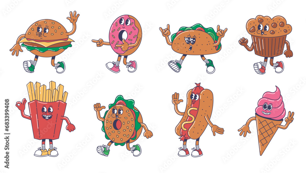 Fototapeta premium Cartoon fast food mascot. Cheerful burger, mexican taco, sweet donut and muffin. Fries, street hot dog and ice cream. Foodie characters vector set