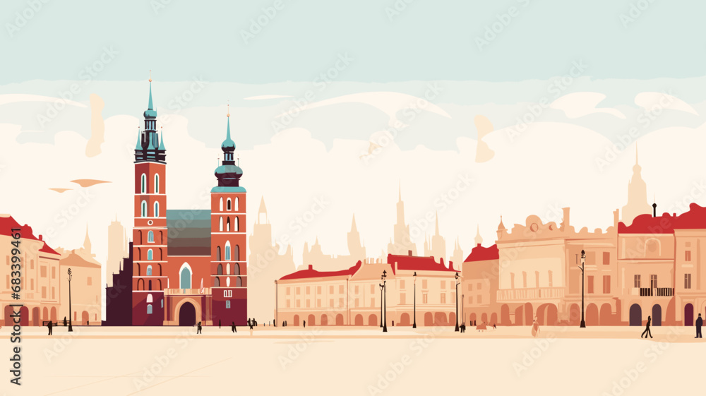 copy space, simple vector illustration, simple colors, krakow, poland. Flat 2D illustration, copy space, hand drawn, view of the St. Mary's Basilica , Krakow, Poland. Famous touristic spot. Must-see s - obrazy, fototapety, plakaty 