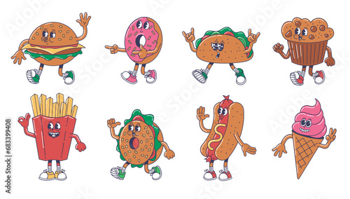 Cartoon fast food mascot. Cheerful burger, mexican taco, sweet donut and muffin. Fries, street hot dog and ice cream. Foodie characters vector set