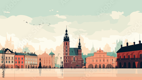 copy space, simple vector illustration, simple colors, krakow, poland. Flat 2D illustration, copy space, hand drawn, view of the St. Mary's Basilica , Krakow, Poland. Famous touristic spot. Must-see s