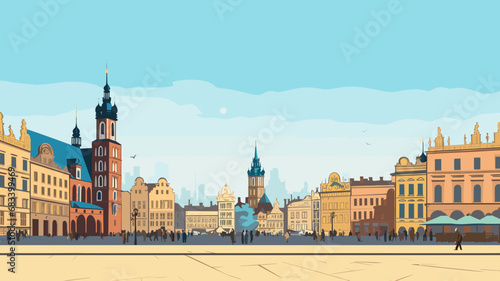 copy space, simple vector illustration, simple colors, krakow, poland. Flat 2D illustration, copy space, hand drawn, view of the St. Mary's Basilica , Krakow, Poland. Famous touristic spot. Must-see s
