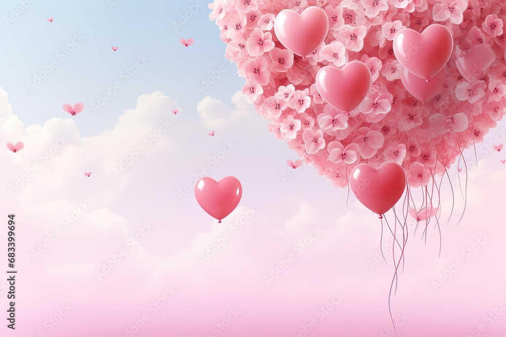 heart shaped balloons and pink flowers in sky