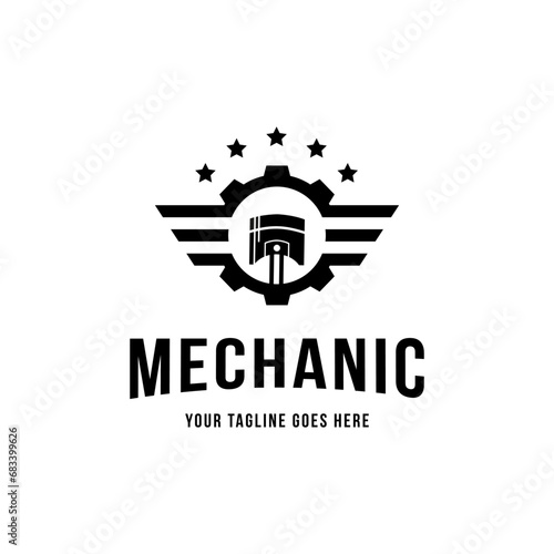 Gear and Piston mechanic logo design. Vector illustration gear, piston and wings mechanic. modern logo design vector icon template