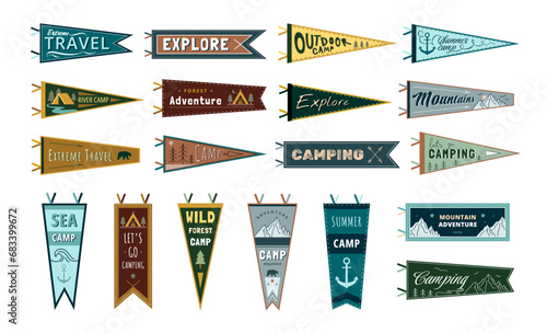 Adventure Pennants. Outdoor and camping enthusiast banner collection with wild forest camp, mountain and explore designs vector set