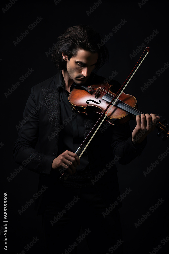 A musician man in black tuxedo playing violin.