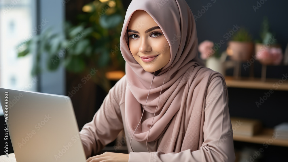 Young asian muslim woman looking at laptop happy excited successfull generative ai Young asian muslim woman looking at laptop happy excited successfull generative ai