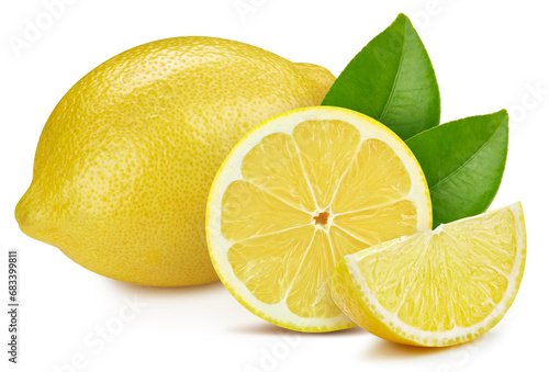 Lemon with leaves isolated on white background