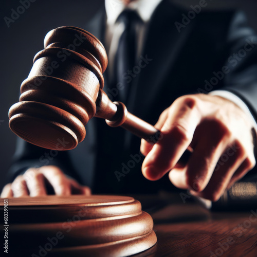 Close-up of a judge's hand holding a wooden gavel, about to strike it on the sound block. photo