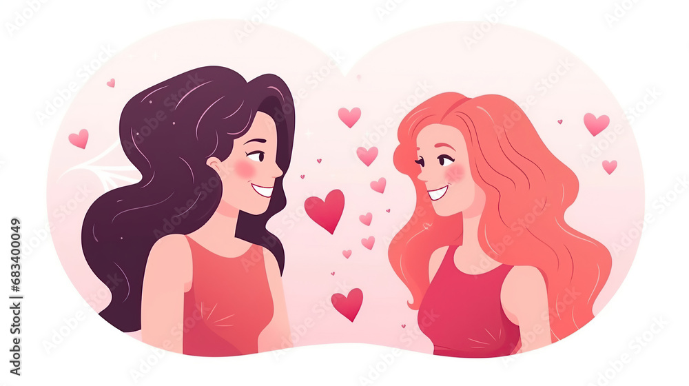 Two woman in love with hearts. Romantic loving couples looking at each other cartoon illustration.