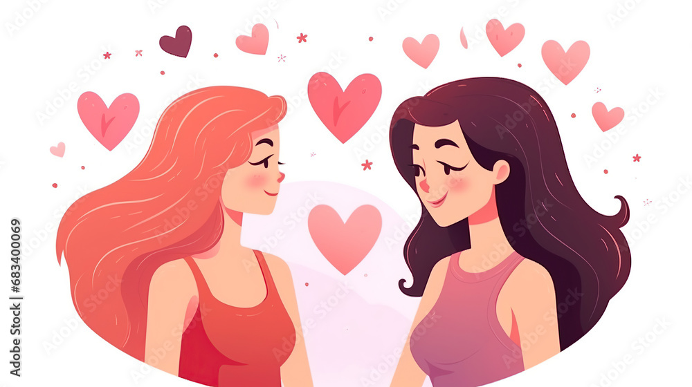 Two woman in love with hearts. Romantic loving couples looking at each other cartoon illustration. Two woman in love with hearts. Romantic loving couples looking at each other cartoon illustration.