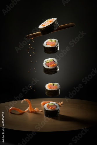 Balanced food levitation. Flying sushi rolls with seafood ingredients. Creative art concept Asian Japanese food. 