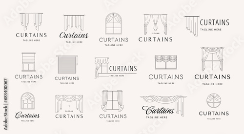 Minimalist curtains emblems. Window drapery and blinds for interior design branding. Line windows vector icon set