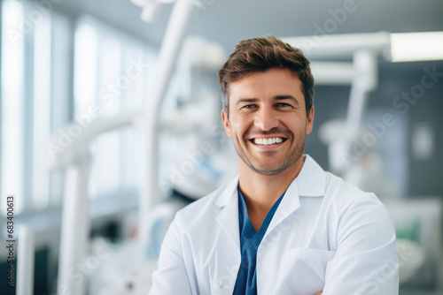 Portrait of a mature medical doctor smiling with folded arms. photo