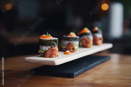Balanced food levitation. Flying sushi rolls with seafood ingredients. Creative art concept Asian Japanese food.   photo