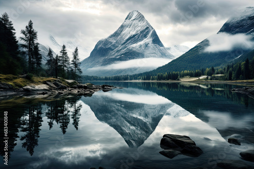 Calm lake waters reflecting a mountain range photo