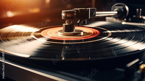 Extreme close-up of a vinyl record spinning on a turntable, showcasing the grooves and texture of the music.