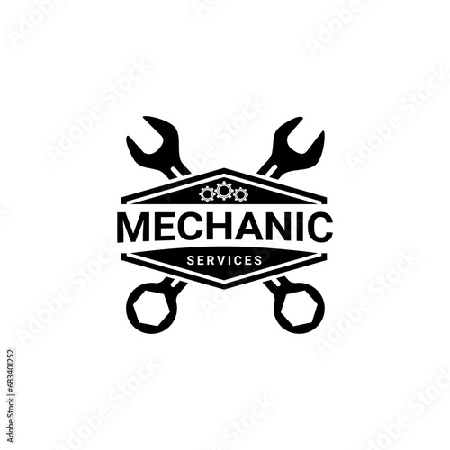 mechanic service, crossed wrench and gear logo. Vector illustration for logo, emblem design template. Service and repair.