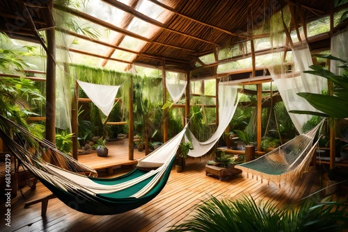 ecolodge or eco lodge house interior with  green plants adorned with  hammocks and various  greenery creating a serene and relaxing ambiance surrounded by the natural photo