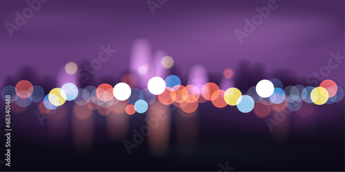 Beautiful horizontal background with a night city in glowing multi-colored lights from lanterns in purple colors. Vector illustration.
