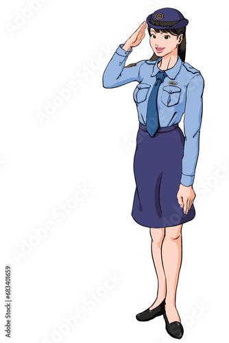 敬礼する若い女性警察官_夏服