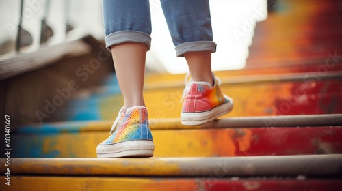 Lower part of teenage girl in casual shoe walking up outdoor colorful stair,teenage lifestyle successful concept. create using a generative ai tool 