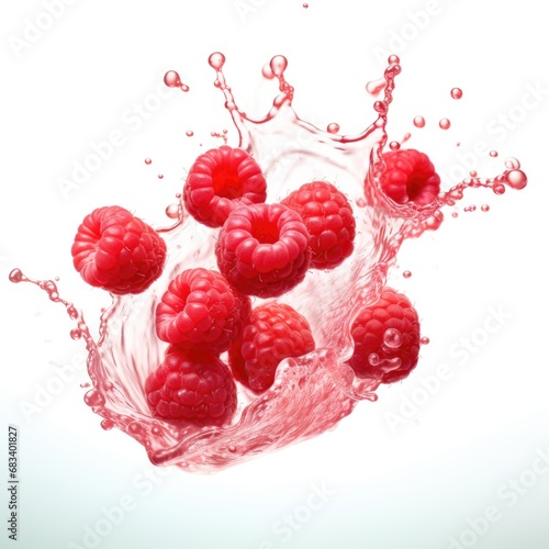 Raspberries are splashing into a glass bowl