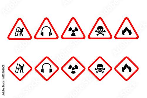 Isolated hazardous material signs. Hazard danger red vector signs.  Globally Harmonized System Warning Signs GHS. Hazmat isolated placards. Official Hazard pictograms standard. Biohazard toxic signs