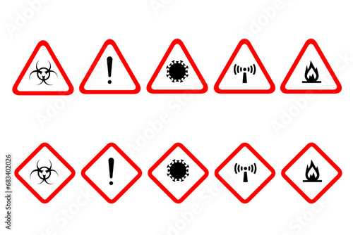 Isolated hazardous material signs. Hazard danger red vector signs.  Globally Harmonized System Warning Signs GHS. Hazmat isolated placards. Official Hazard pictograms standard. Biohazard toxic signs