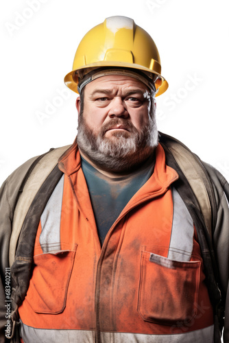 Portrait of construction worker Overweight man in engineer uniform on transparent background generative ai