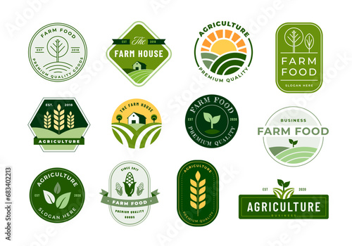 Farm emblems. Agriculture and farm food labels, agrarian quality seals and artisanal foods stickers vector set